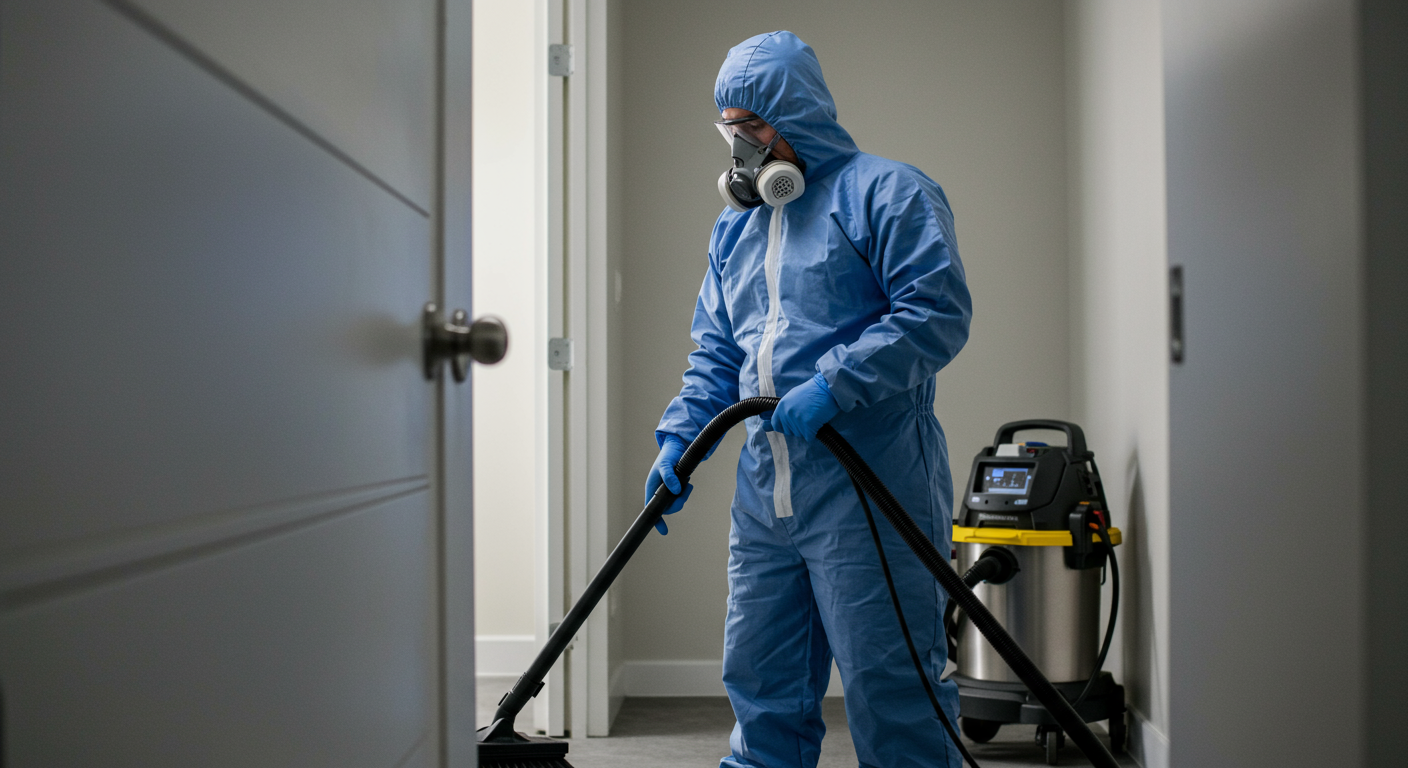 A team member using advanced cleaning technology, such as a high-powered vacuum, in a controlled environment, highlighting the use of modern equipment in crime scene cleanup.