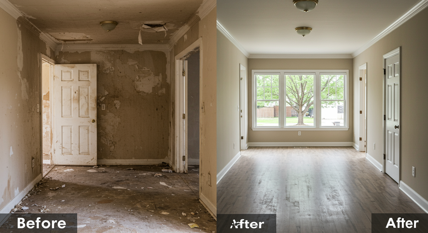 A split image showing a contaminated area before and after the Servpro cleanup, highlighting the effectiveness of their service.