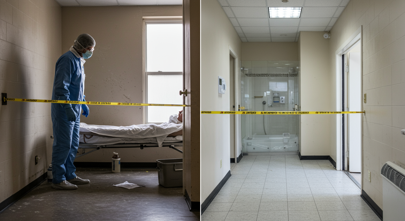 A split image showing a trauma scene before and after the biohazard cleanup. The 'after' side showcases a clean, sanitized environment, highlighting the effectiveness of professional services.