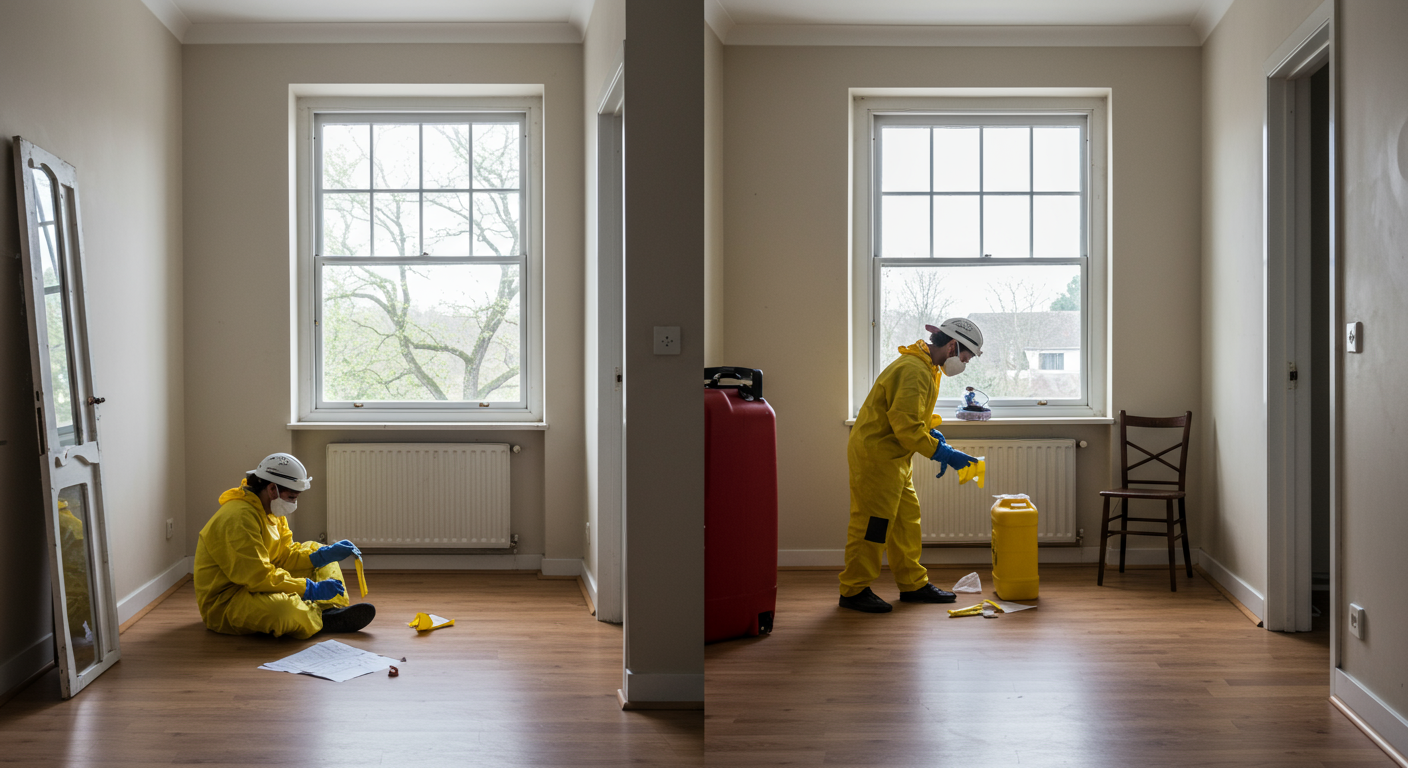 A before-and-after image of a cleaned area, highlighting the transformation from a biohazard scene to a safe, sanitized environment.
