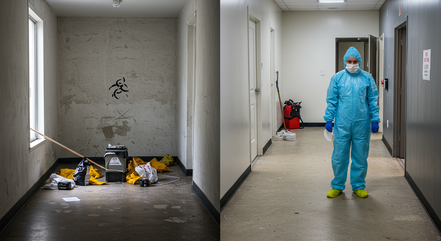 A before-and-after comparison of a cleaned biohazard site, showcasing the transformation from a hazardous area to a safe, clean environment. The image highlights the effectiveness of professional cleanup services.