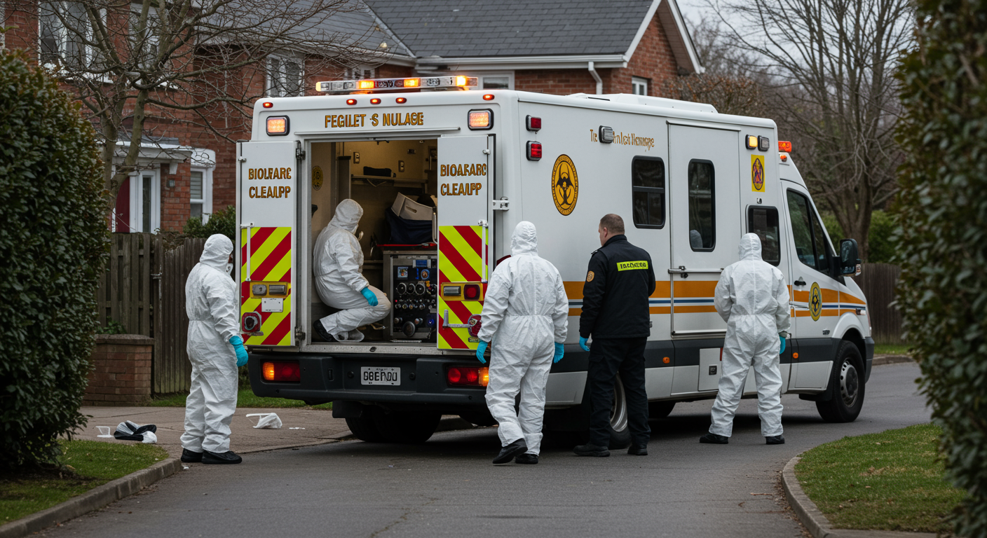 A biohazard cleanup vehicle parked outside a residential property, with team members preparing to enter. The image conveys urgency and readiness to respond to emergency situations.