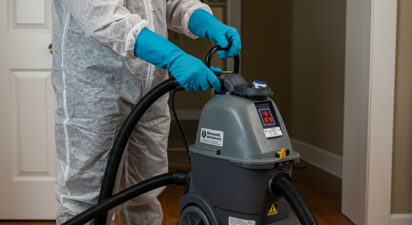 An action shot of a technician using a specialized vacuum or cleaning machine designed for biohazard materials in a home setting. The focus is on the equipment and the technician's careful handling.