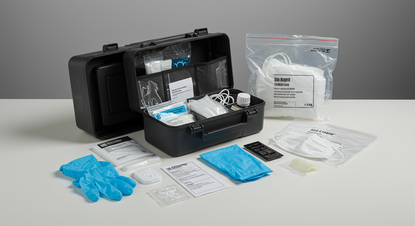 A well-organized biohazard cleanup kit displayed on a clean surface, showcasing its essential components such as gloves, masks, and biohazard bags.