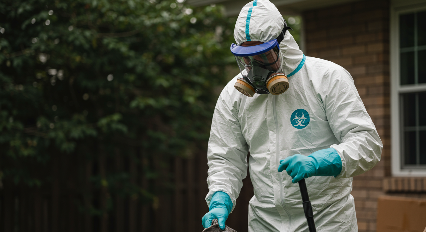 A professional biohazard cleanup technician in full protective gear, carefully cleaning a contaminated area.