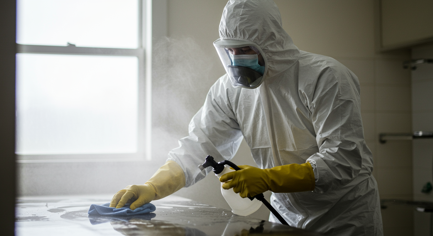 A biohazard cleanup technician in full protective gear meticulously cleaning a surface with disinfectant. The focus is on the technician's careful movements and the bright, clean environment being restored.