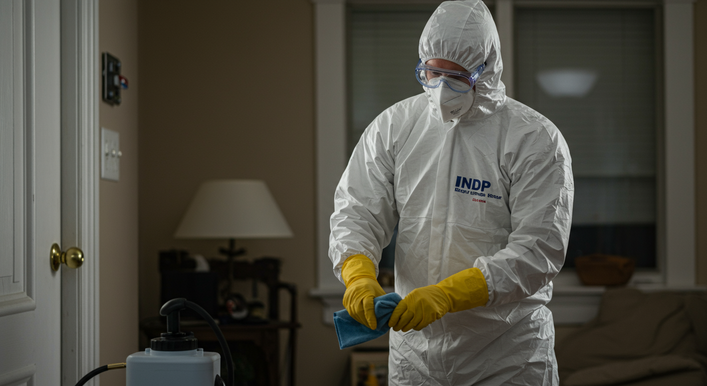A professional biohazard cleanup technician in full protective gear, carefully cleaning a contaminated area with specialized equipment. The background shows a residential setting, emphasizing the importance of safety in home environments.