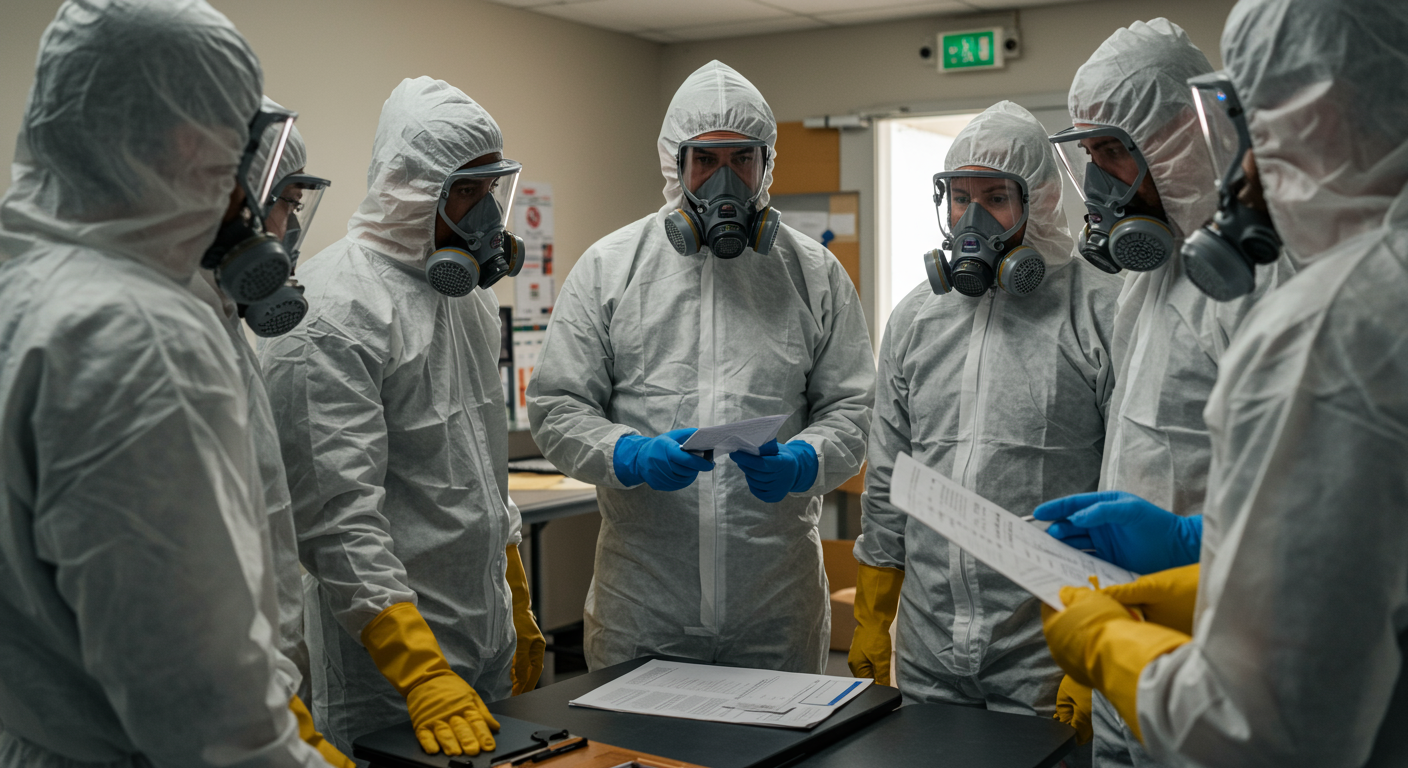 A group of biohazard cleanup professionals in a training session, discussing techniques and safety protocols. The image captures teamwork and collaboration.
