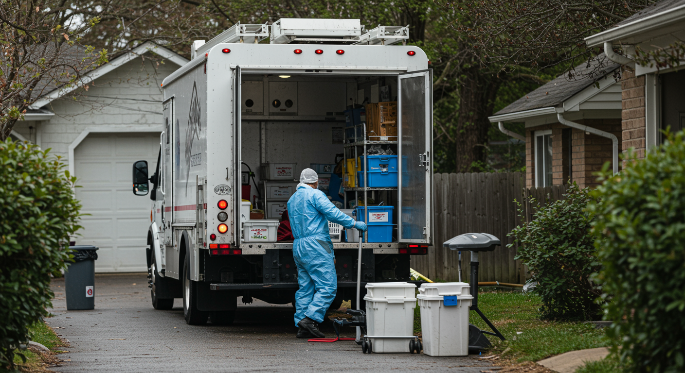 An outdoor scene showing a biohazard cleanup truck parked in front of a residential property, with the technician preparing equipment. The image highlights the operational aspect of biohazard cleanup jobs.