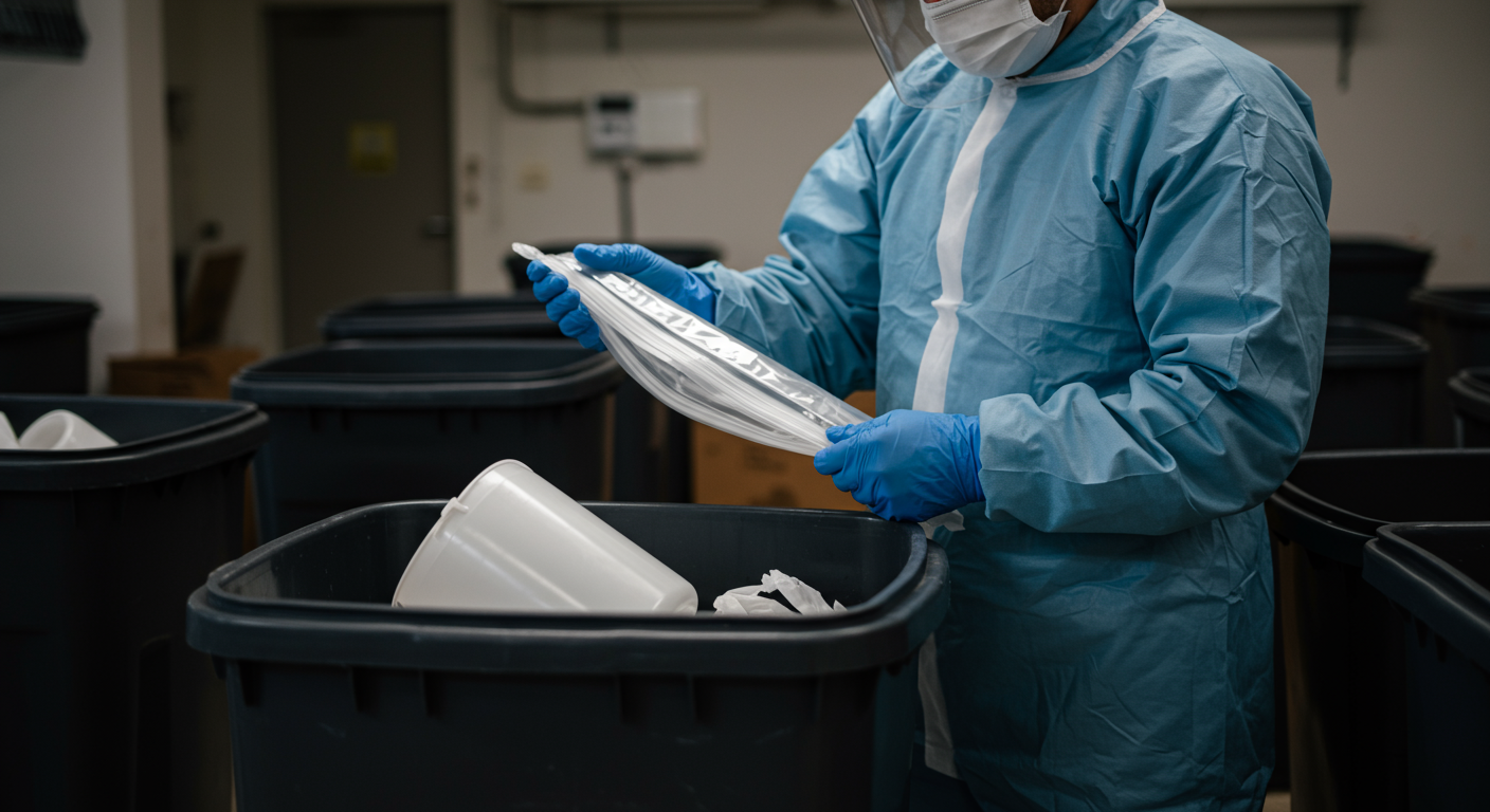 A scene depicting a biohazard waste disposal process, with a professional safely sealing biohazard waste in containers. This image focuses on the proper handling and disposal of hazardous materials.