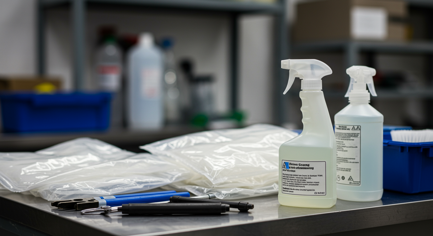 A close-up shot of essential cleaning tools used in crime scene cleanup, such as biohazard bags, disinfectants, and specialized cleaning equipment, arranged neatly on a workbench.