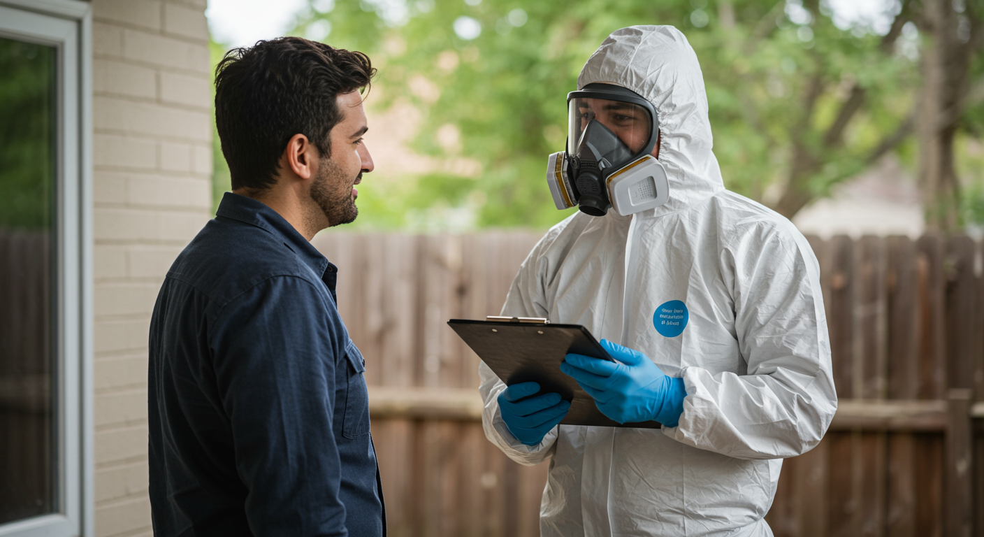 A team member in full protective gear discussing the cleanup plan with a homeowner, showcasing professionalism and customer engagement.