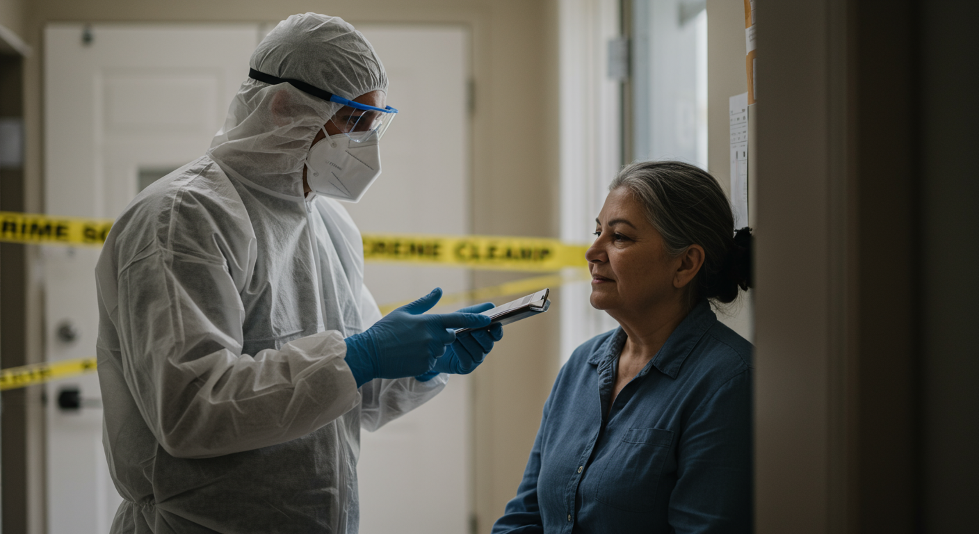 A technician in protective gear compassionately speaking with a family member affected by a crime scene. This image conveys empathy, professionalism, and the sensitive nature of the cleanup process.