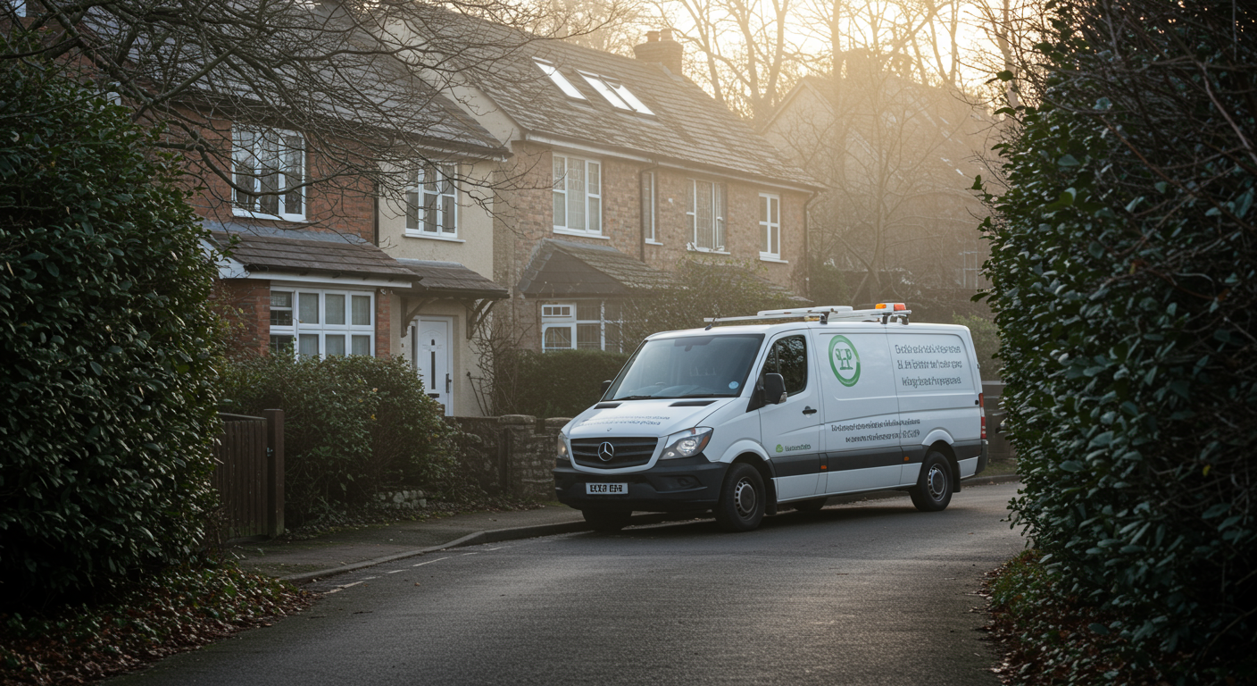 A serene outdoor scene with a cleanup van parked outside a residential home, symbolizing the discreet and compassionate nature of the service.