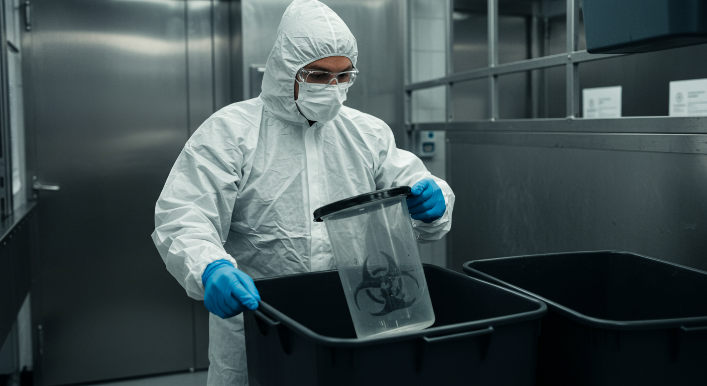 A professional disposing of hazardous waste into biohazard containers. The background shows a controlled environment, emphasizing the importance of proper disposal methods in biohazard cleanup.