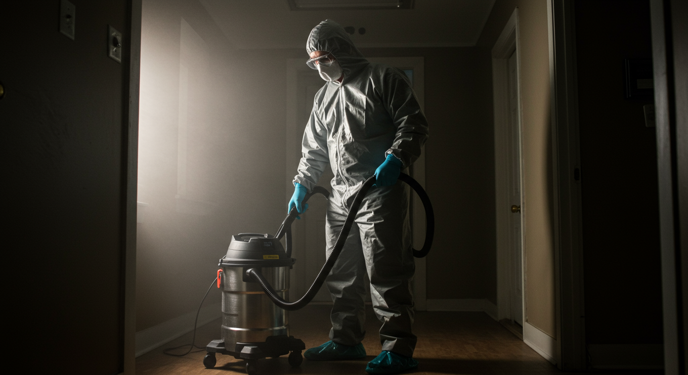 A technician using a high-powered vacuum designed for biohazard cleanup, actively working in a dimly lit room. This image captures the intensity and focus required in the cleanup process.