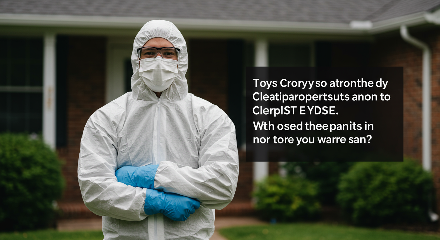 A biohazard cleanup professional standing confidently in front of a home, with safety gear on and a reassuring expression. The image captures the essence of safety and professionalism in their role.
