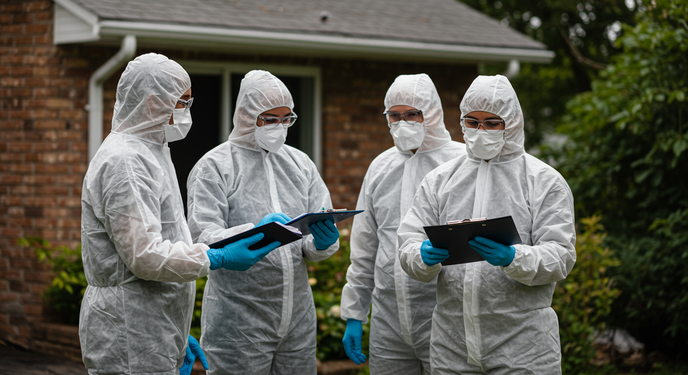 A professional biohazard cleanup team in protective gear carefully assessing a residential area affected by a biohazard situation. The team is shown working together, demonstrating collaboration and expertise.