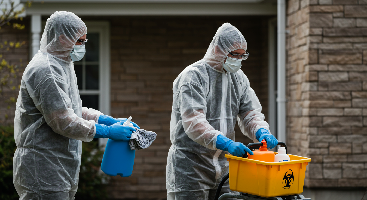 A professional biohazard cleanup crew in full protective gear carefully cleaning a residential area. The focus is on the team members using specialized equipment, showcasing their dedication to safety and thoroughness.