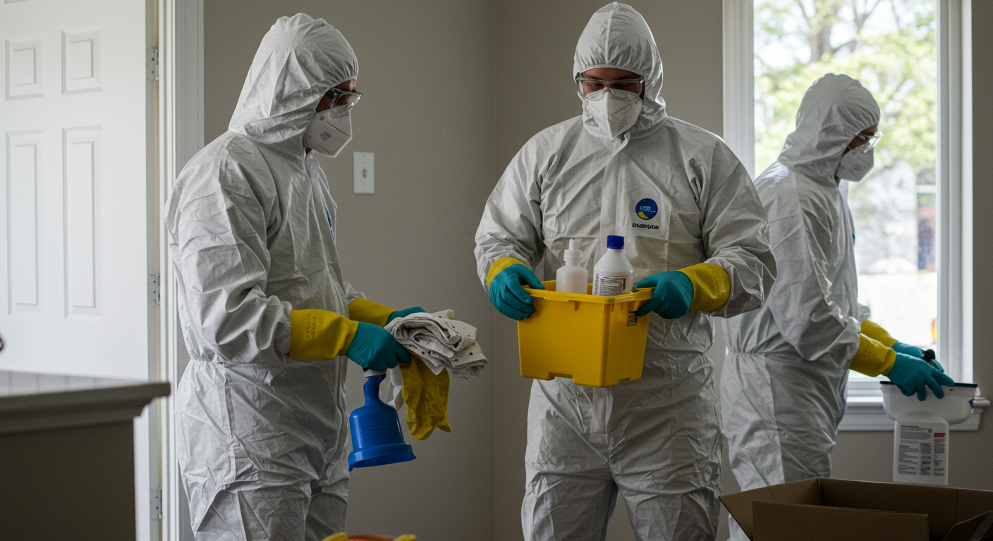 A professional biohazard cleanup team in full protective gear meticulously cleaning a residential space. The focus is on their careful handling of equipment and materials, showcasing the seriousness of the task.