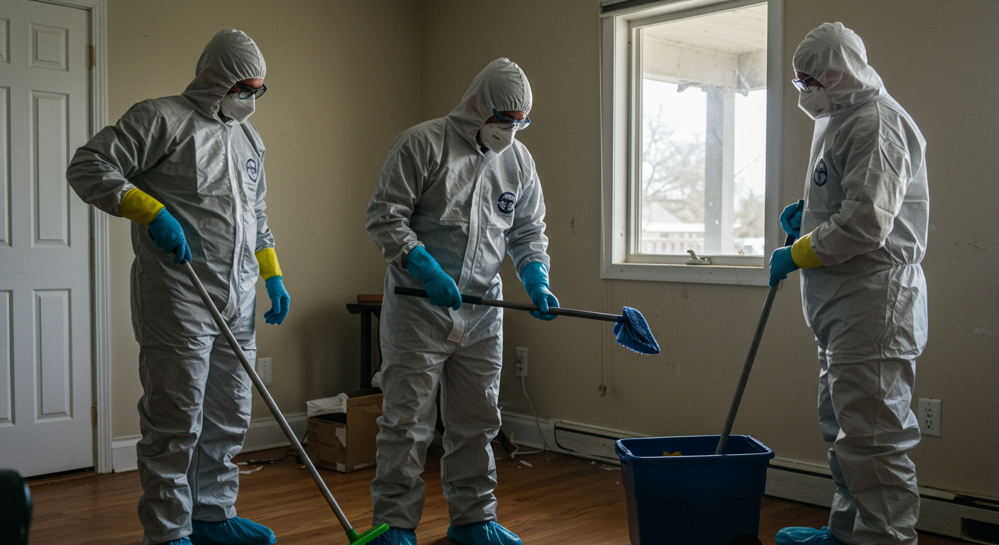 A professional biohazard cleanup team in full protective gear carefully cleaning a residential space affected by a biohazard incident. The focus is on the team members working diligently, showcasing their expertise and professionalism.