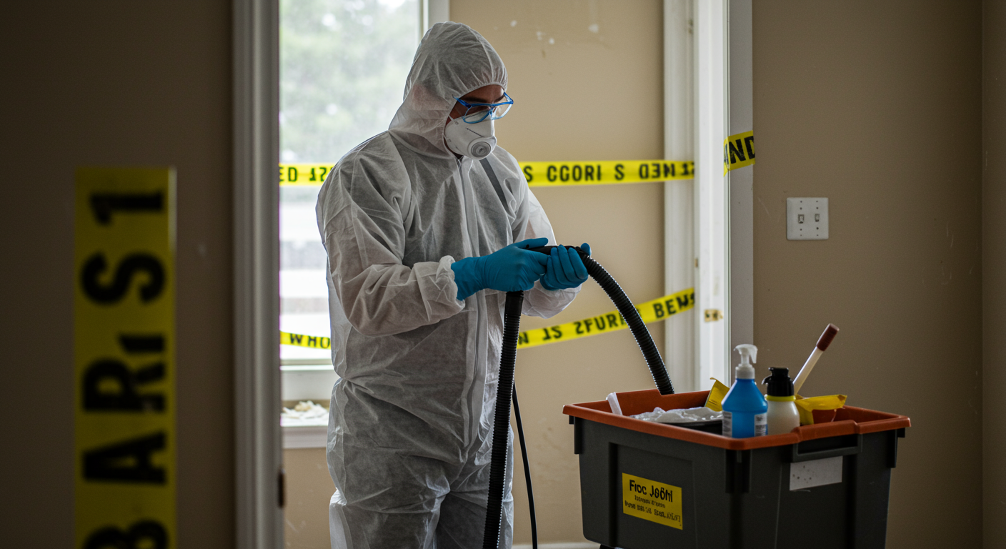 A professional cleanup technician in full protective gear carefully cleaning a room that has been affected by a crime scene. The technician is focused and methodical, showcasing the importance of safety and professionalism in their work.