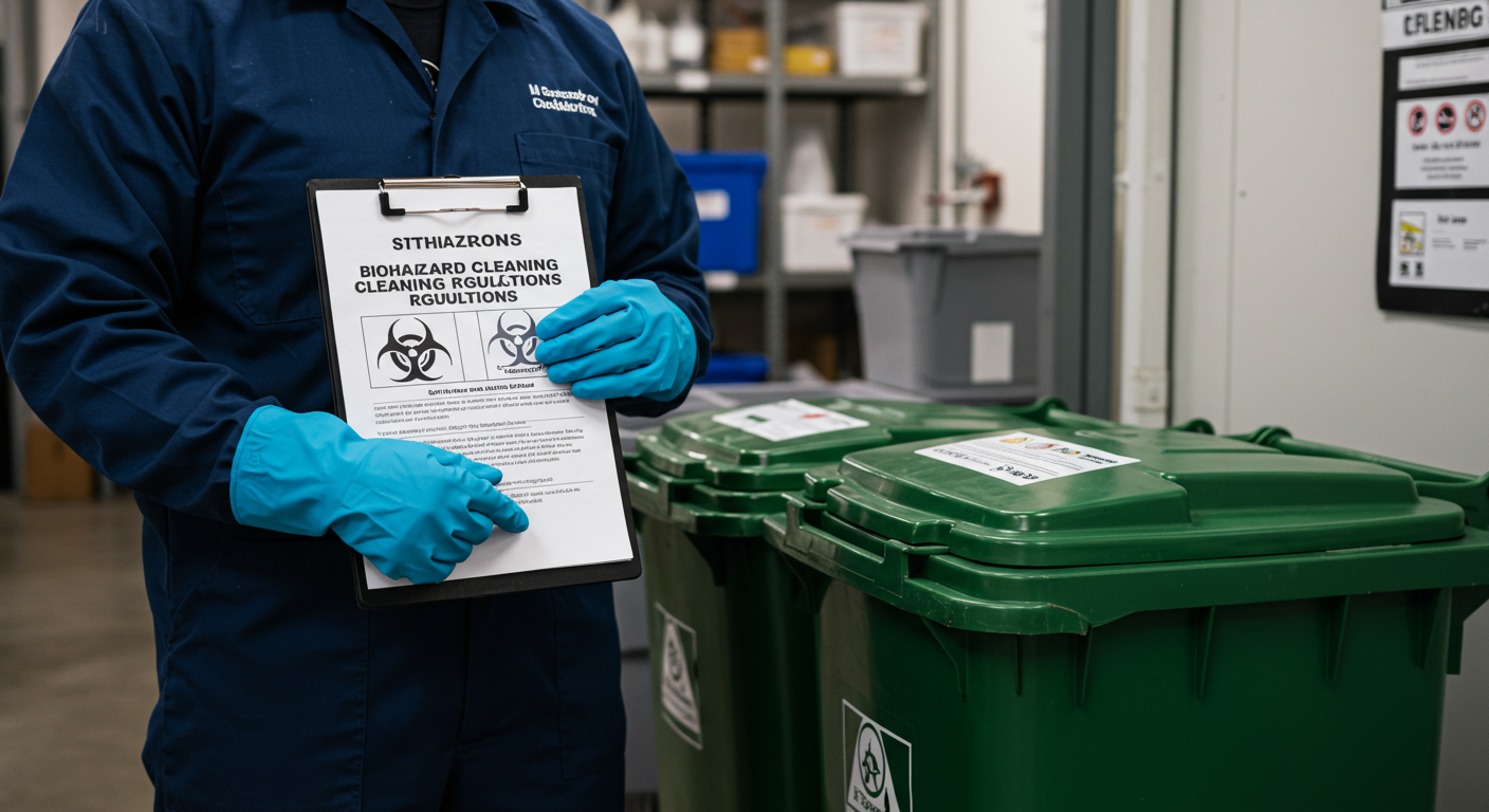A professional holding a clipboard with biohazard cleaning regulations, standing next to a biohazard waste disposal container. The setting is a well-organized cleaning facility.
