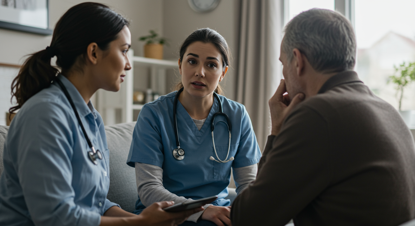 A compassionate team member speaking with a distressed client in a home setting. The team member is shown listening attentively, conveying empathy and support during a difficult time.