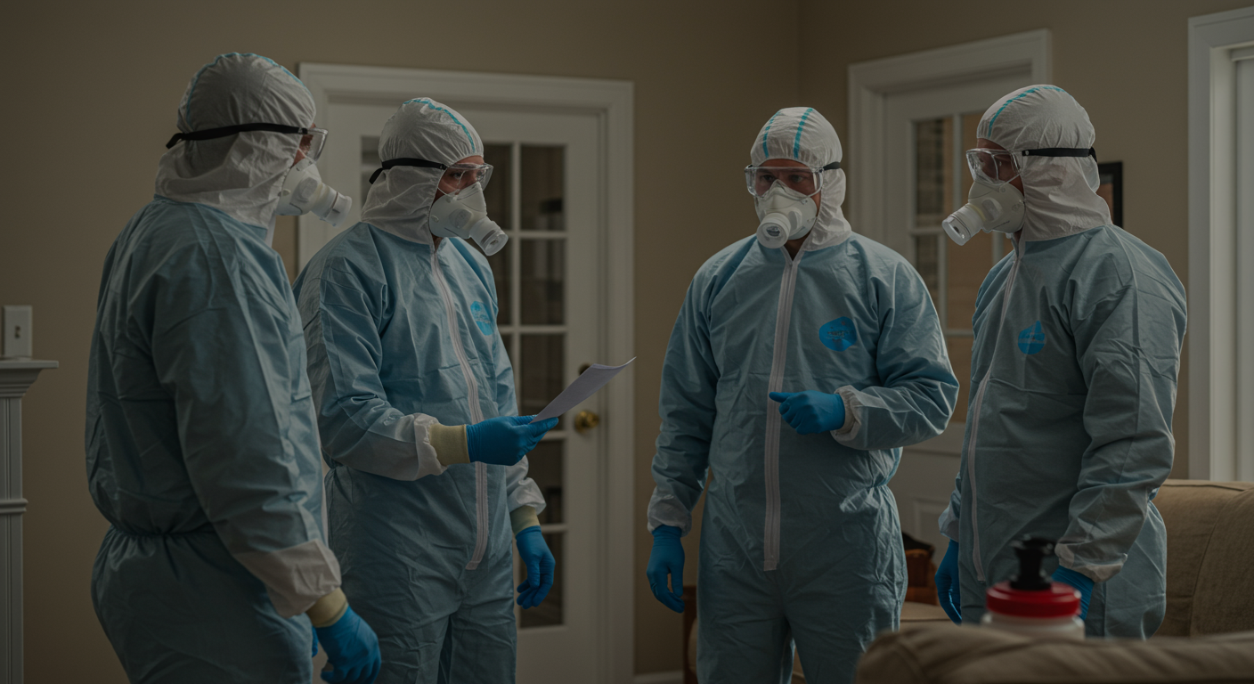 A team of certified biohazard cleanup professionals discussing safety protocols and procedures in a residential setting. The image captures the teamwork and communication necessary for effective cleanup, with safety gear visible.