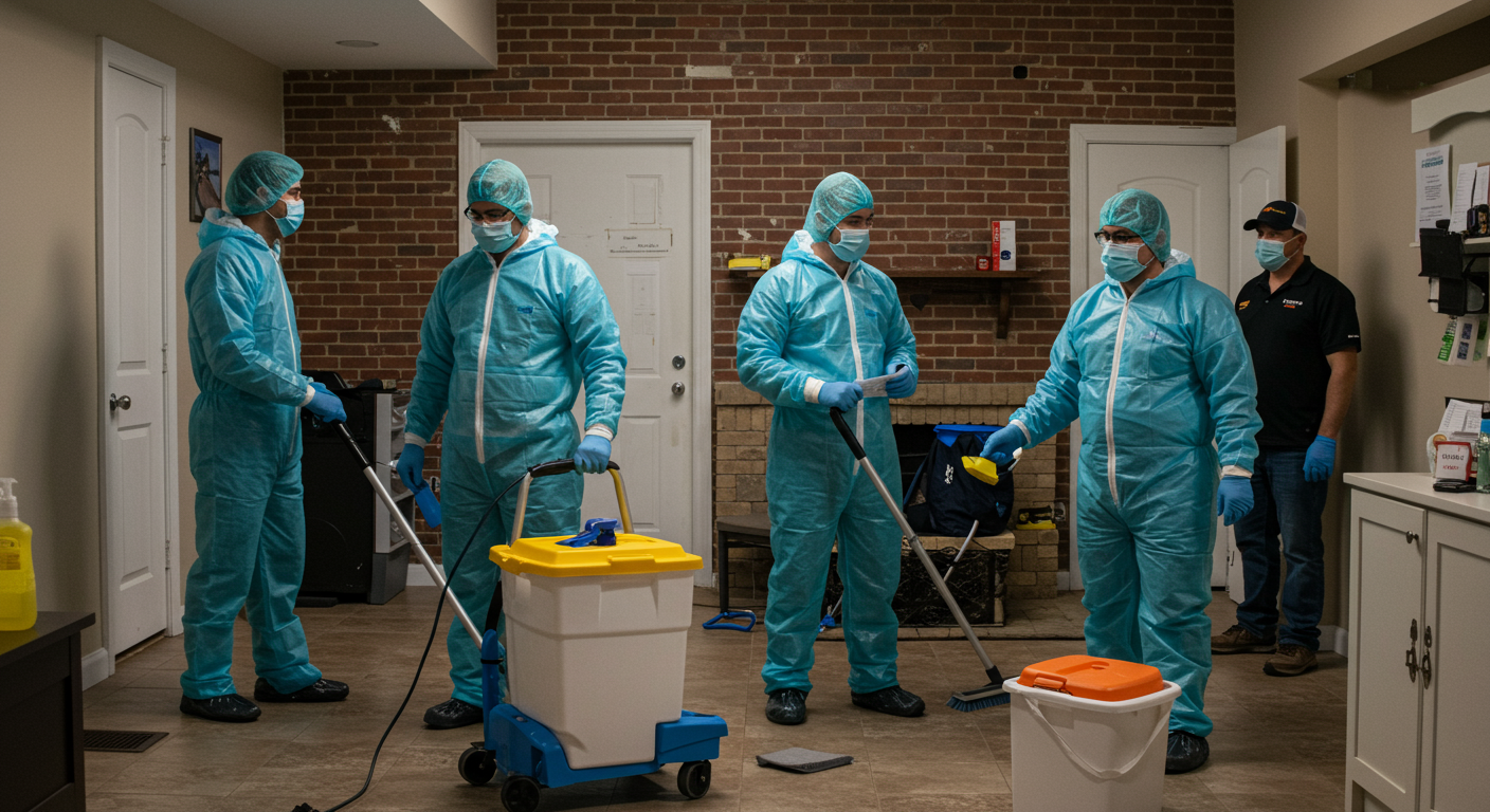 A wide-angle view of a crime scene cleanup team working collaboratively in a residential setting.