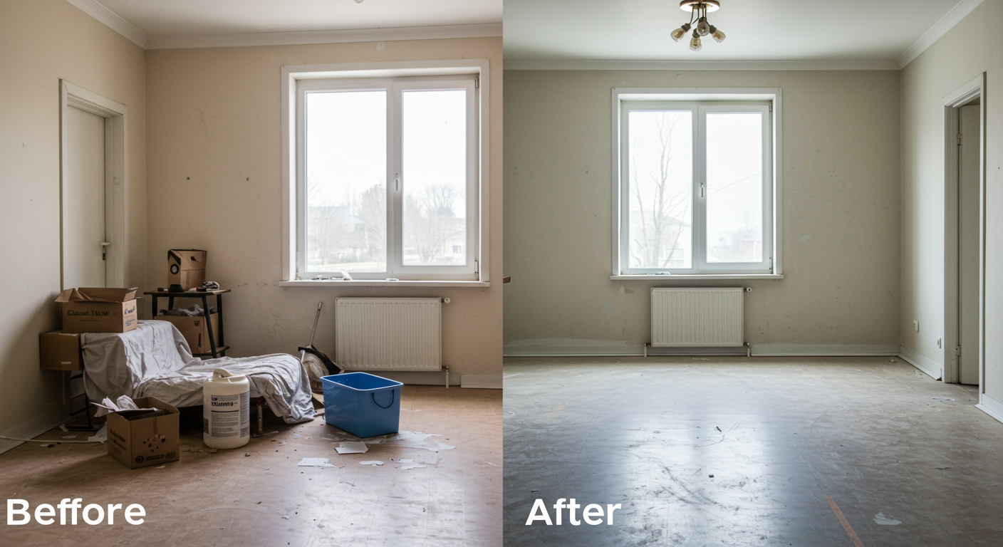 A split image showing a room before and after professional biohazard cleanup. The left side depicts a cluttered and hazardous environment, while the right side shows a clean and restored space, highlighting the effectiveness of the service.
