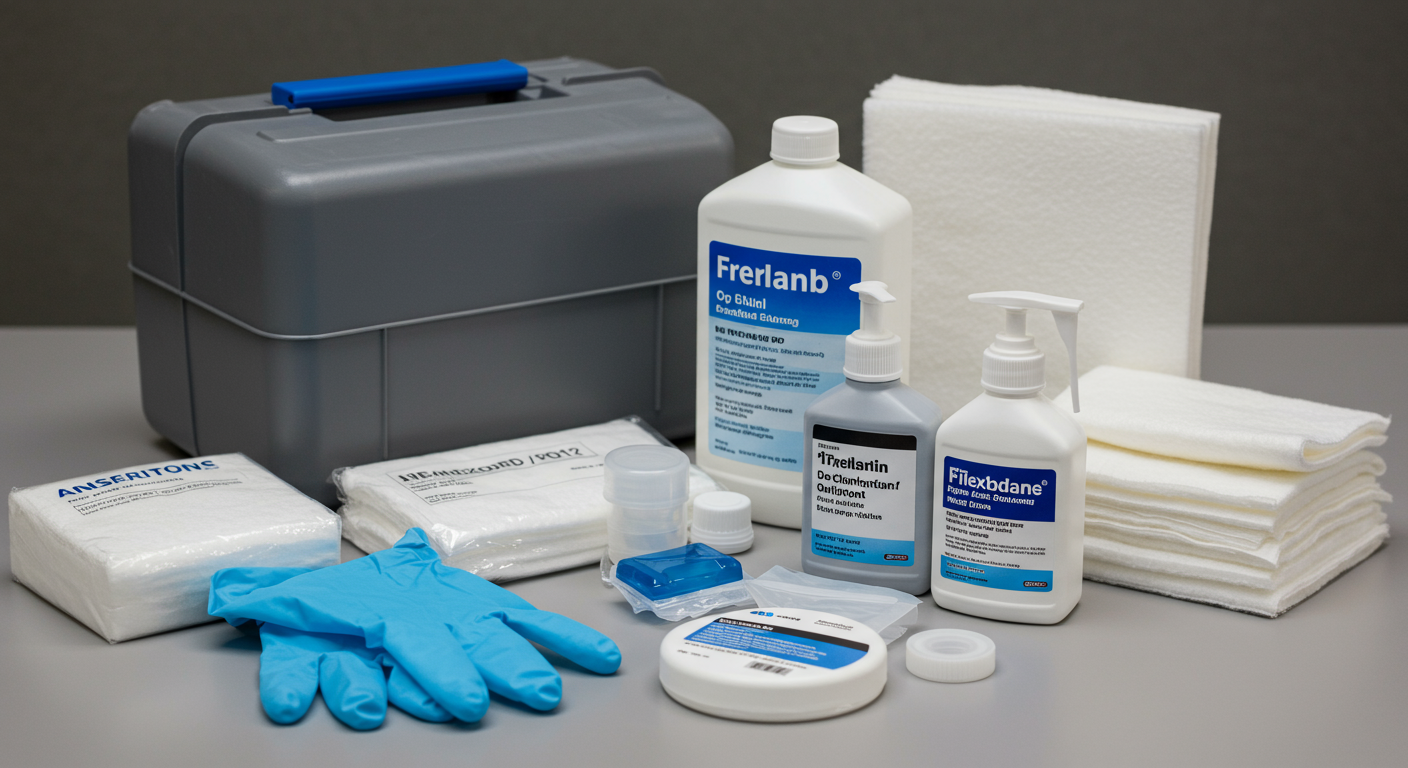 A close-up of the essential components of a biohazard spill cleanup kit, arranged neatly on a table, highlighting items like gloves, disinfectants, and absorbent materials.