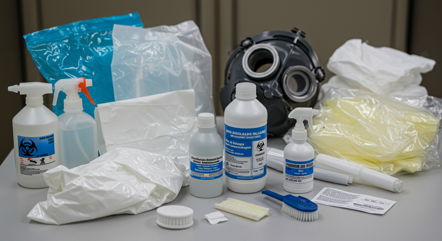 An arrangement of biohazard cleanup tools and equipment, showcasing the essential tools used in the remediation process.