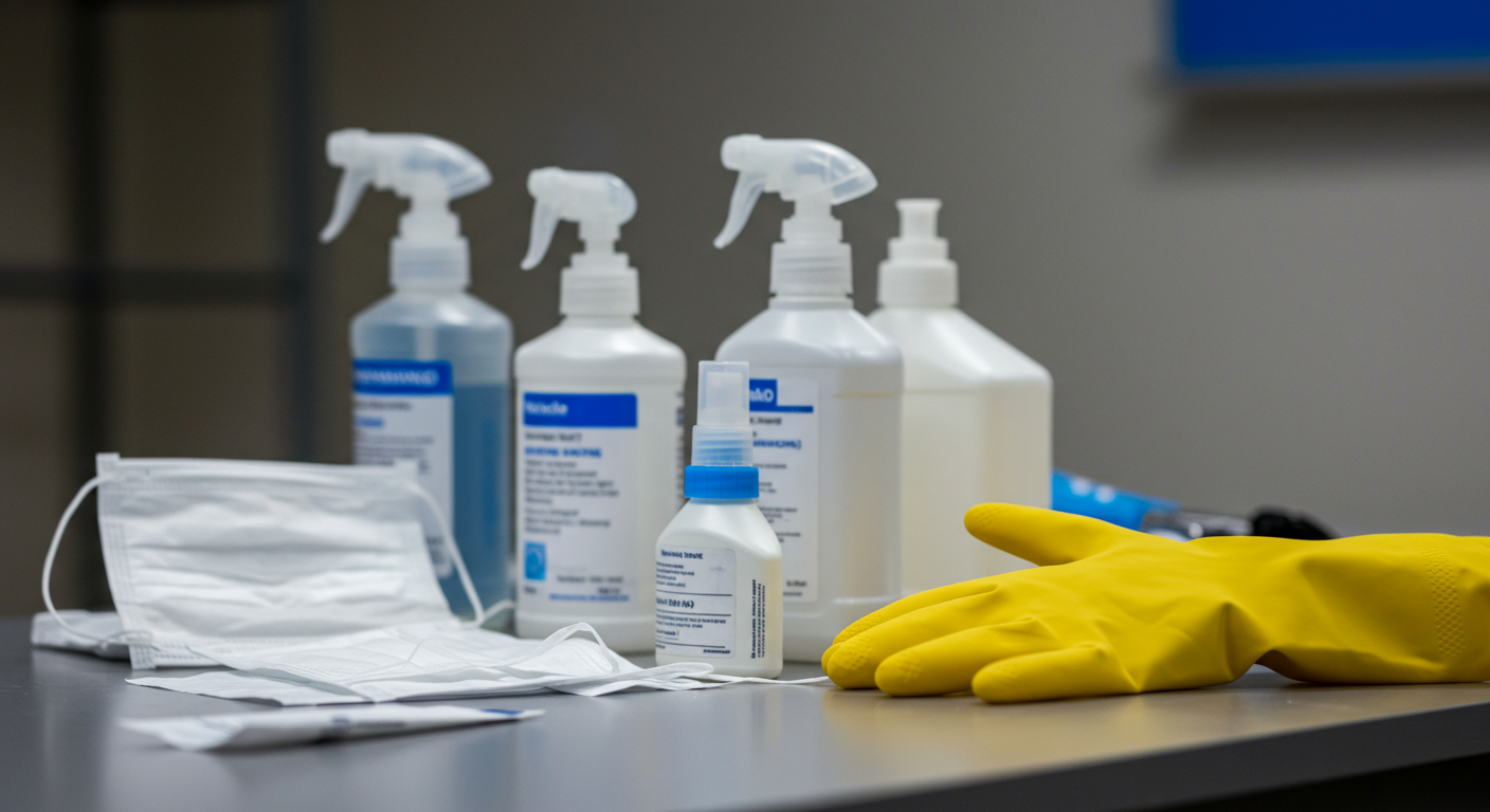 A close-up of biohazard cleaning equipment and supplies, such as disinfectants, gloves, and masks, arranged neatly on a table. This emphasizes the safety measures taken during the cleanup process.