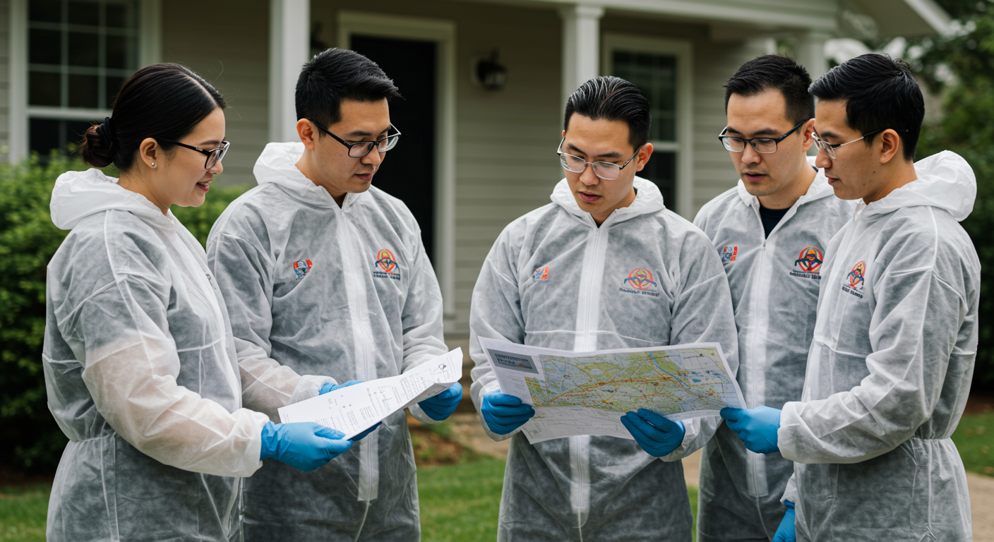 A team of biohazard cleanup professionals discussing a cleanup plan in front of a property. They are reviewing documents and pointing at a map, showcasing their thorough planning and teamwork.