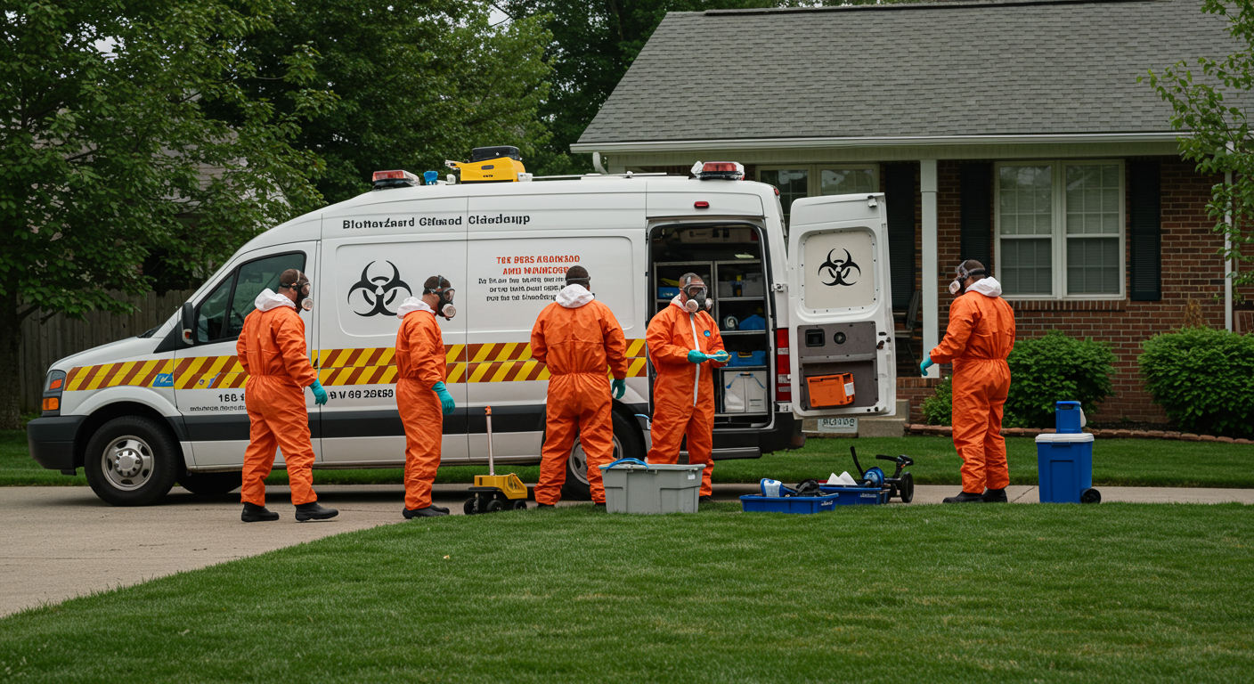 A biohazard cleanup vehicle parked outside a home, with the team preparing to start the cleanup process, emphasizing readiness and professionalism.