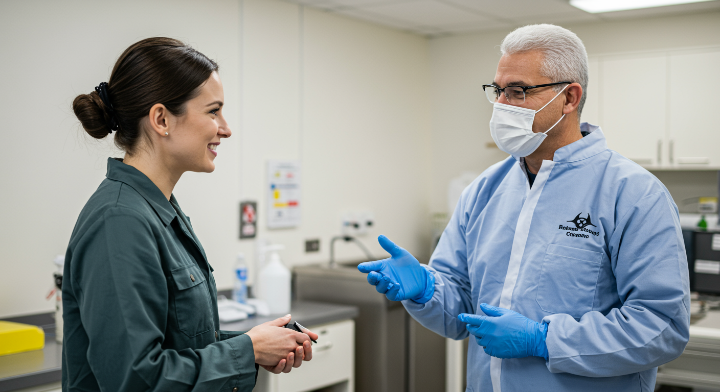 A heartfelt scene showing a satisfied customer speaking with a cleanup technician, with a backdrop of a clean and safe environment. The image captures the emotional relief and trust customers feel after receiving biohazard cleanup services.