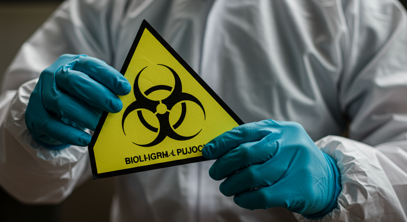 A close-up of a biohazard cleanup technician carefully handling hazardous materials with safety equipment in place. The focus is on the technician’s hands and the biohazard symbol, highlighting the importance of safety protocols.