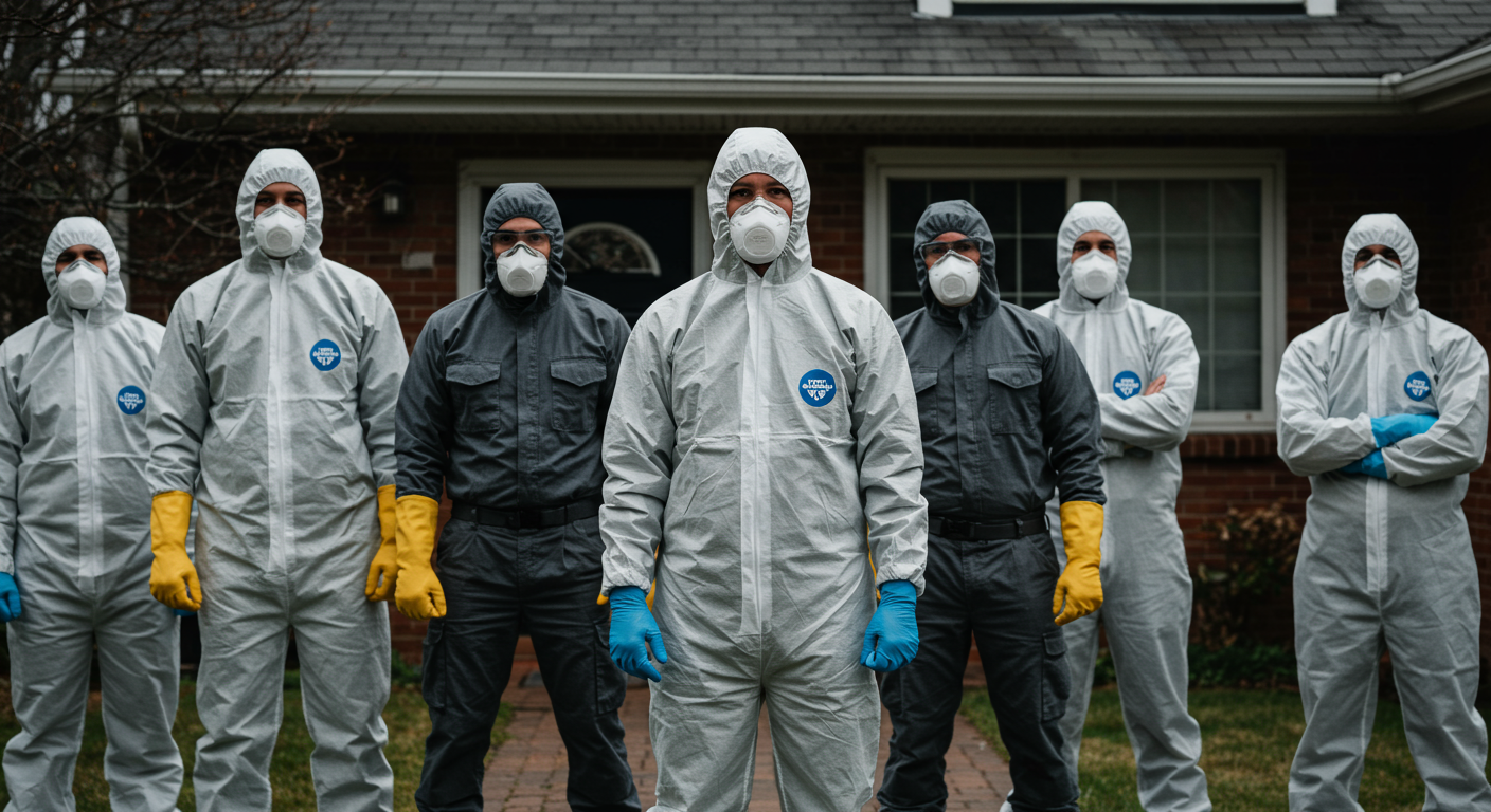 A group of biohazard cleanup technicians in full protective gear, standing confidently in front of a residential home. The image conveys professionalism and readiness, with a focus on the team’s commitment to safety and care.