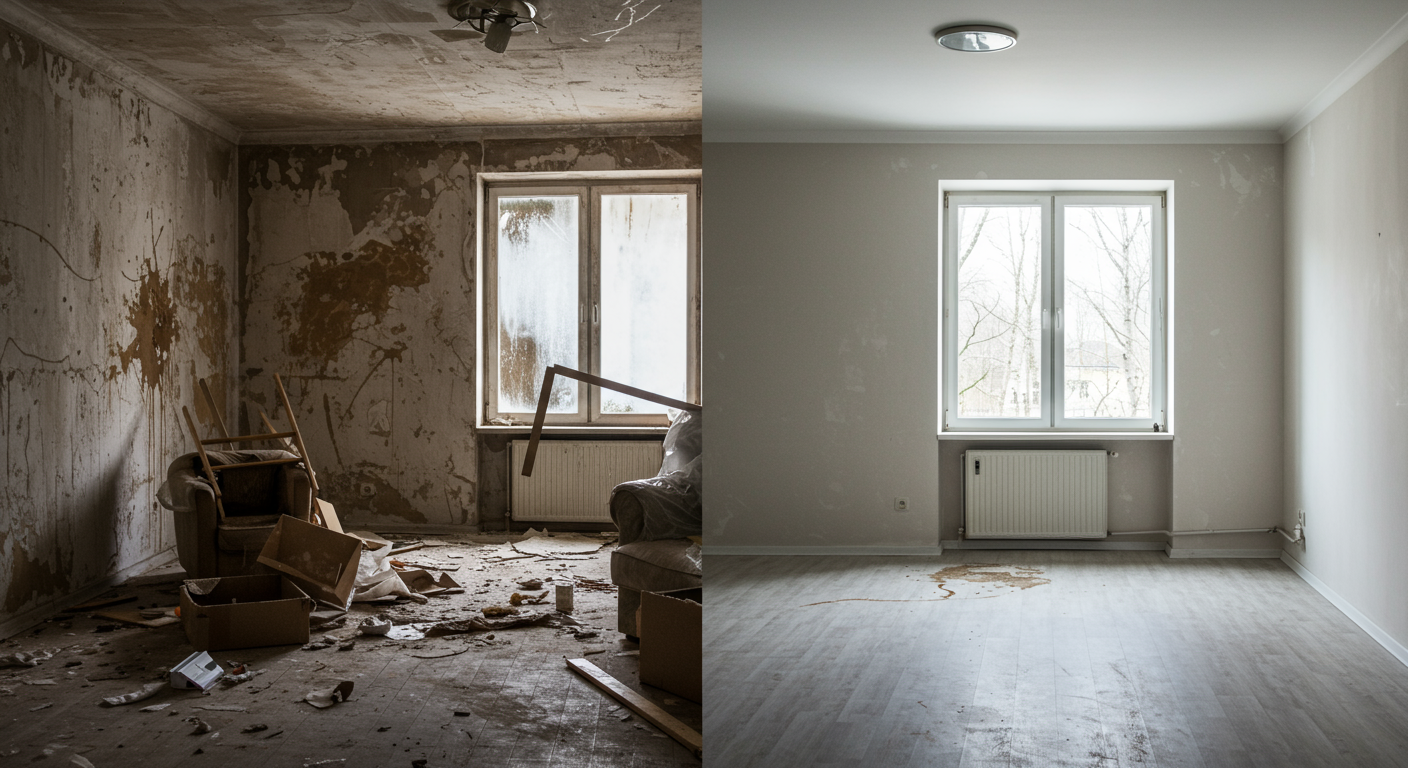 A split image showing a room before and after biohazard cleanup, highlighting the transformation and effectiveness of professional services.
