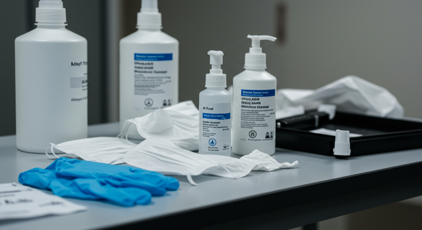 A close-up of essential biohazard cleanup equipment, including gloves, masks, and disinfectants, neatly arranged on a table. This image emphasizes the importance of safety and professionalism in biohazard cleanup.