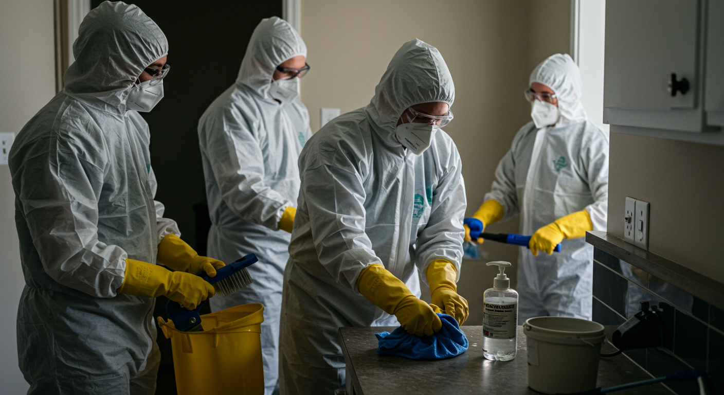 A team of biohazard cleanup professionals in protective gear carefully cleaning a residential space. The focus is on their teamwork and attention to detail.