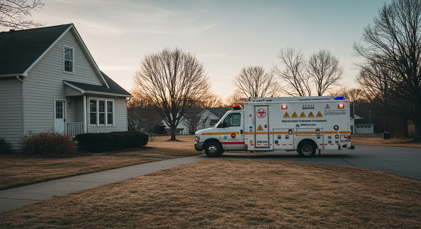 A serene neighborhood scene with a biohazard cleanup vehicle parked outside a home. The vehicle is marked with biohazard symbols, and the setting conveys a sense of community safety and the importance of biohazard cleanup services.