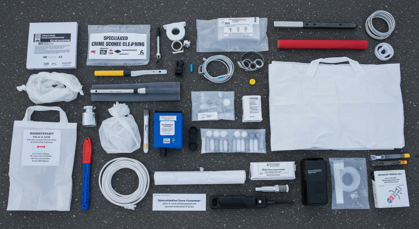 A detailed shot of specialized crime scene cleanup tools and equipment laid out neatly on a surface. This image highlights the professionalism and thoroughness of the cleanup process.