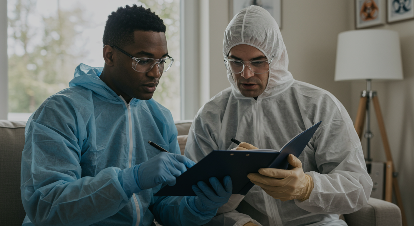A biohazard cleanup professional reviewing a checklist with a client in a home setting, demonstrating a thorough and client-focused approach. The environment is calm and organized, reflecting professionalism and care.