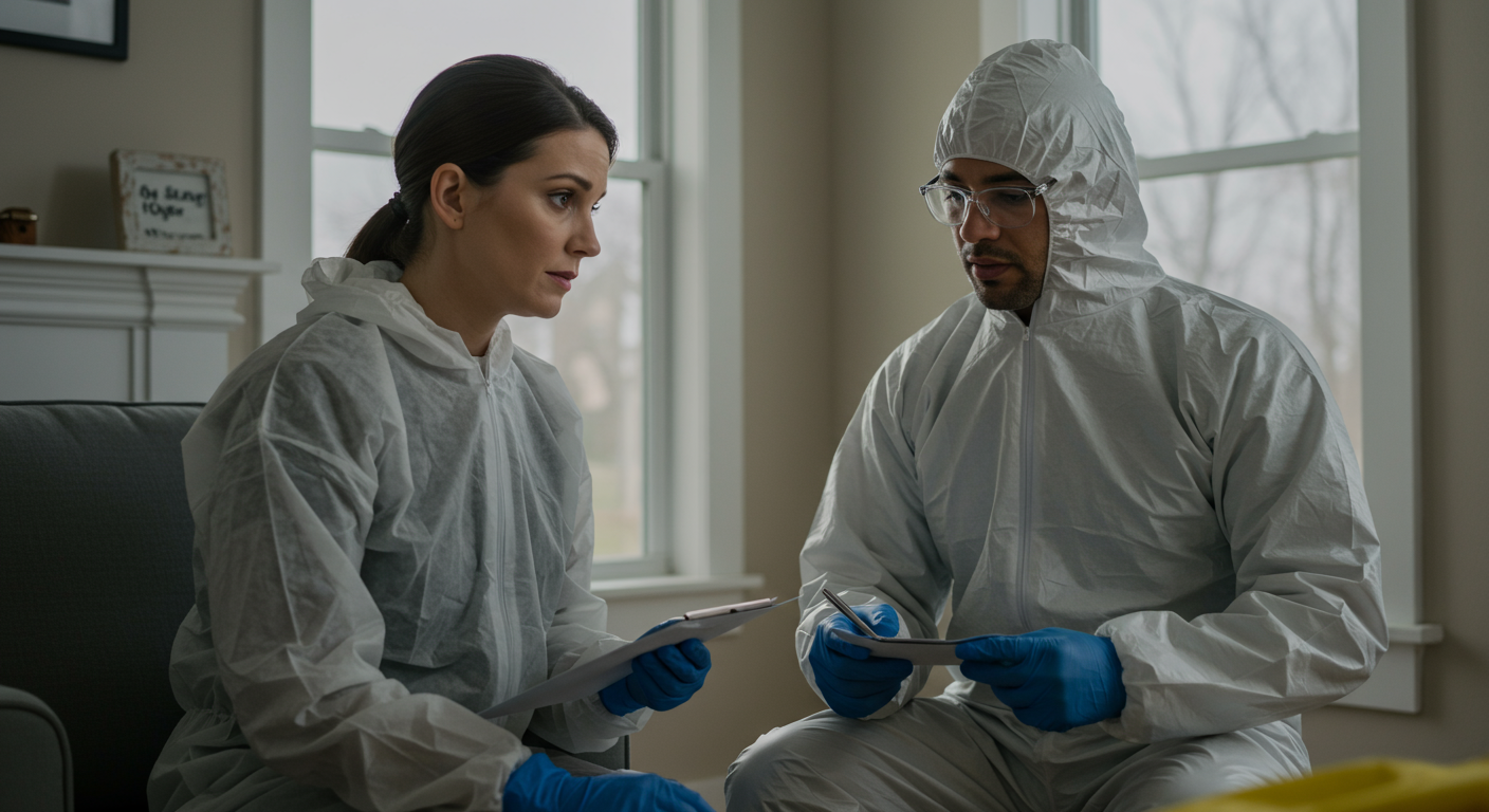 A professional crime scene cleanup technician discussing cleanup plans with a concerned homeowner in a safe and respectful environment, showcasing the compassionate side of the service.