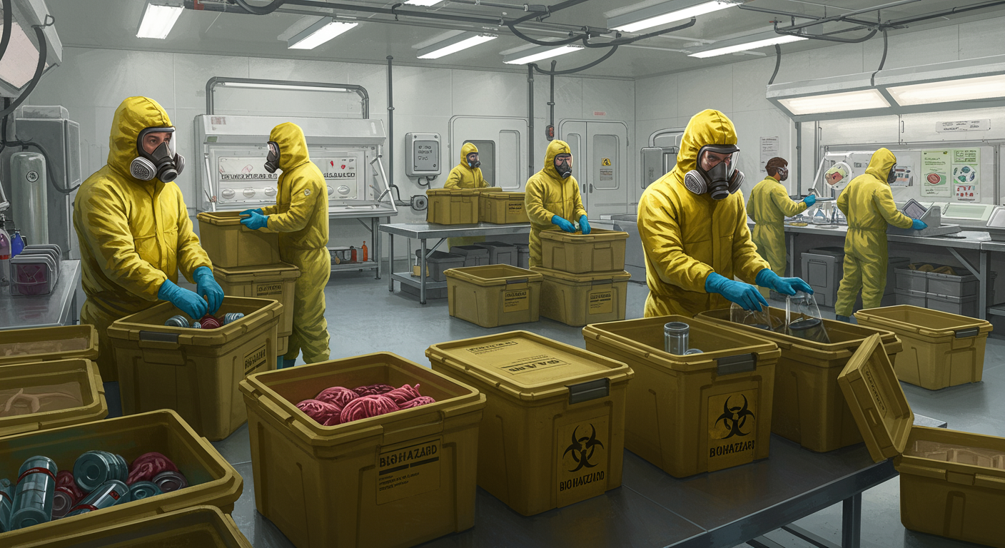 A panoramic view of a biohazard cleanup scene, showing multiple biohazard boxes being used by characters in a cooperative game setting.