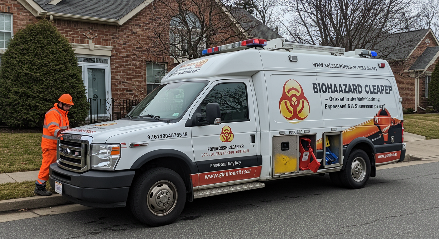 A biohazard cleanup vehicle with franchise branding parked outside a residential property. The vehicle is equipped with necessary tools and safety gear, showcasing the franchise's commitment to professional service.
