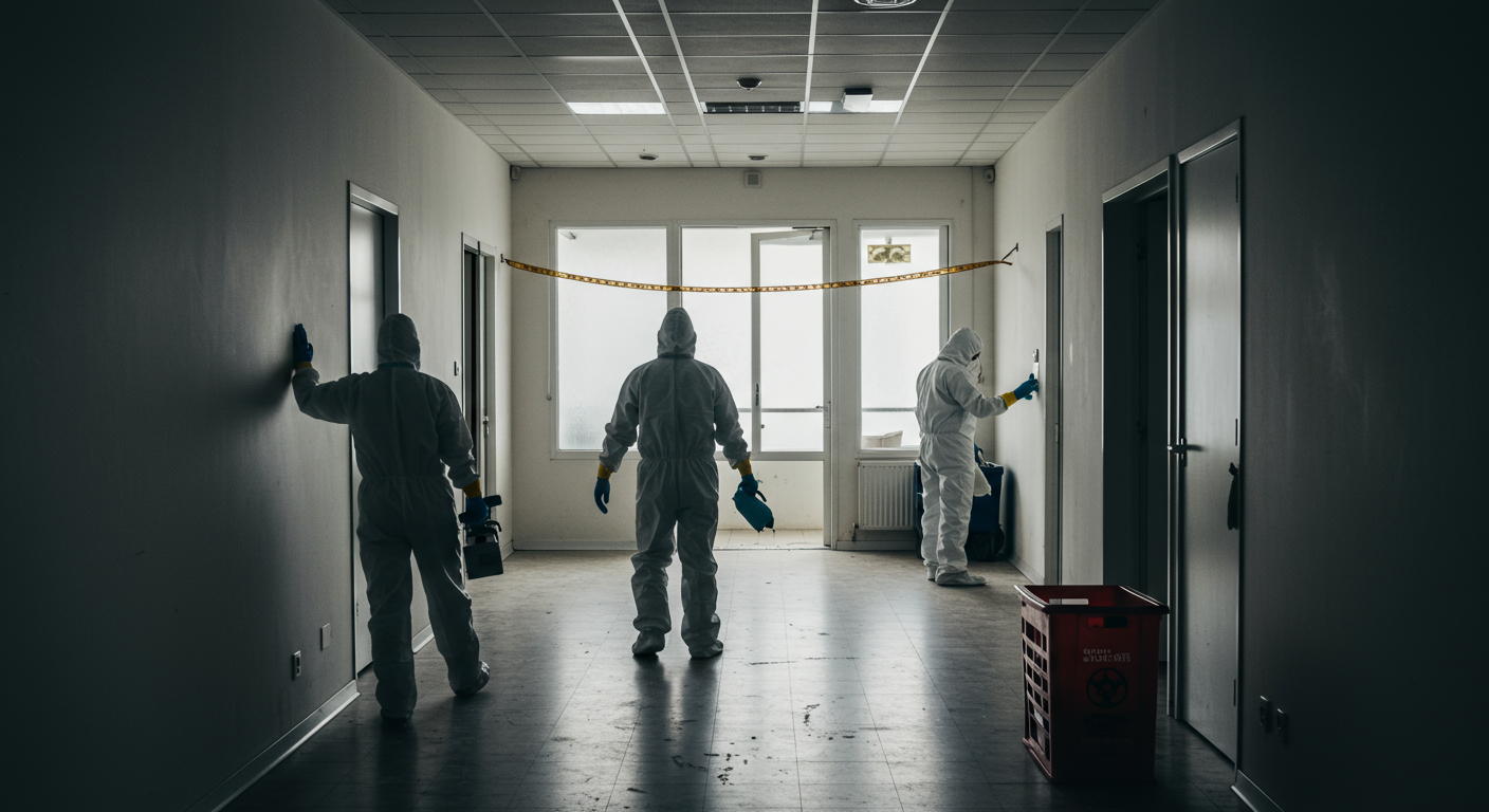 A serene indoor environment being cleaned by a biohazard team, with a focus on the careful handling of hazardous materials.