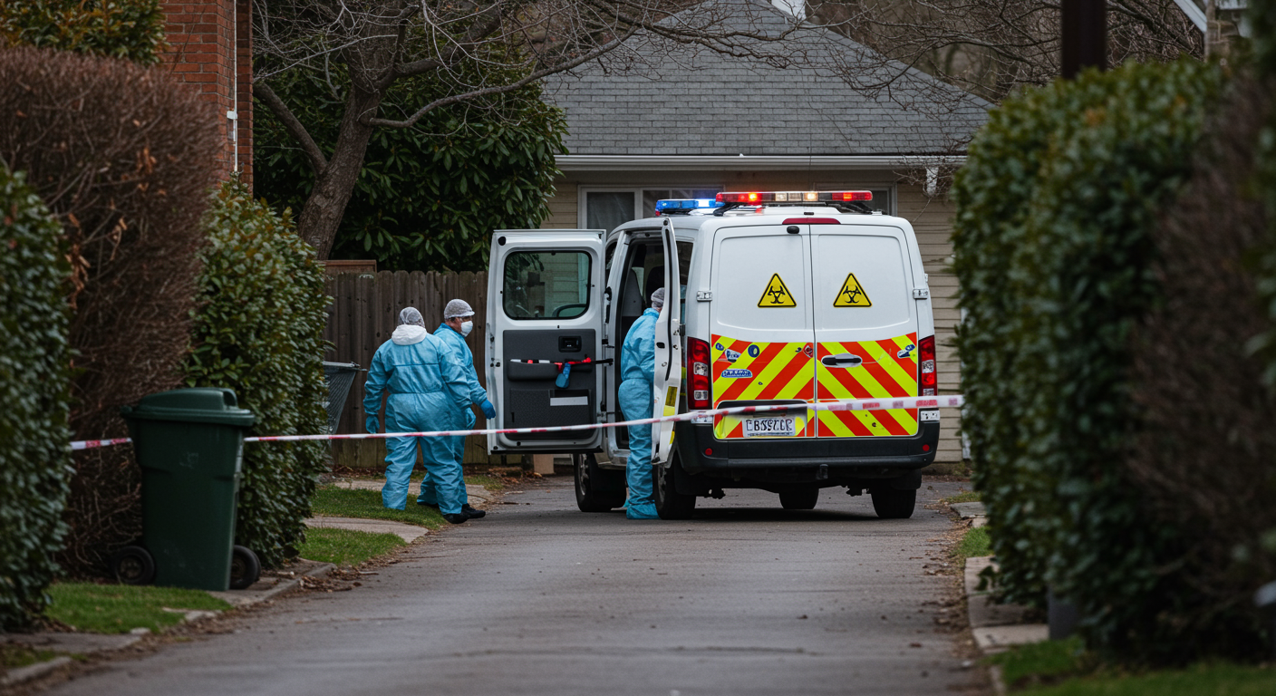 An exterior view of a biohazard cleanup job site, showcasing a vehicle with biohazard symbols parked outside a residential area, with workers preparing to enter.